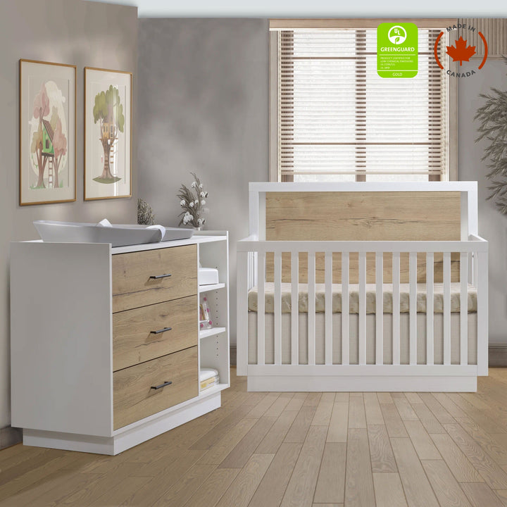 Tulip - Tito Convertible Crib and 3 Drawer Dresser XL (sold as a set only) - Pearl White / Natural Barn Oak Tulip - Nursery Furniture Sets - TU4503.40 - TU4530.40 Tiny Toes in Dreamland