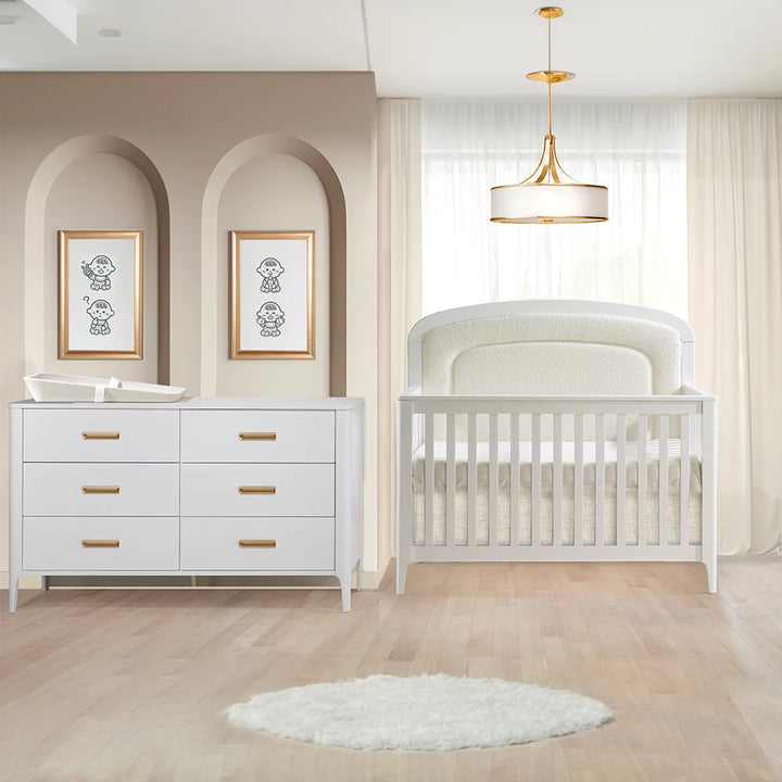 Natart - Palo “5-in-1” Convertible Crib with Bouclé Beige Upholstered headboard panel - White Palo