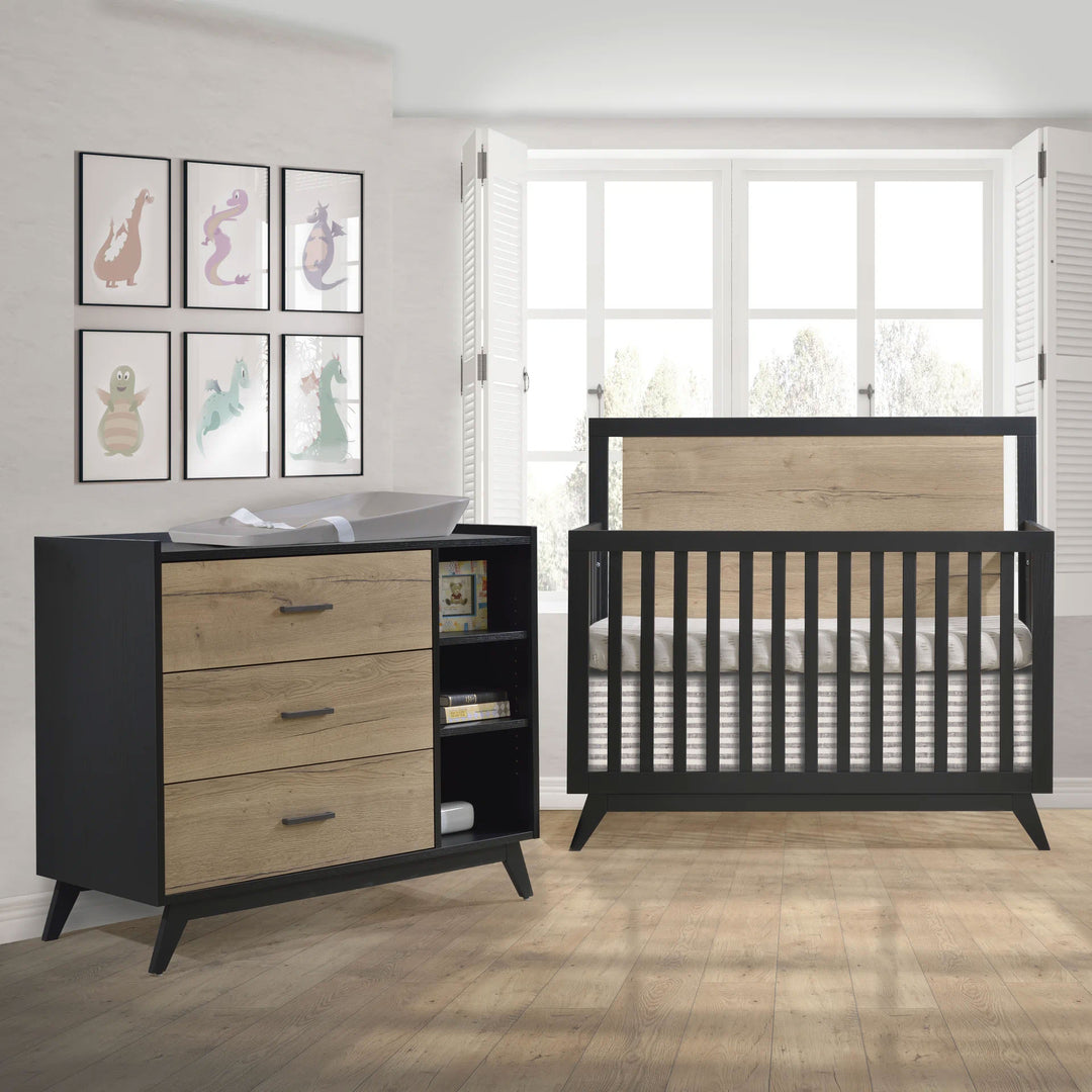 Tulip - Sissi Crib - to - double and Combo Dresser (sold as a set only) - Black/Natural Barn Oak Tulip - Nursery Furniture Sets - TU3503.46 - TU3530.46 - SET Tiny Toes in Dreamland