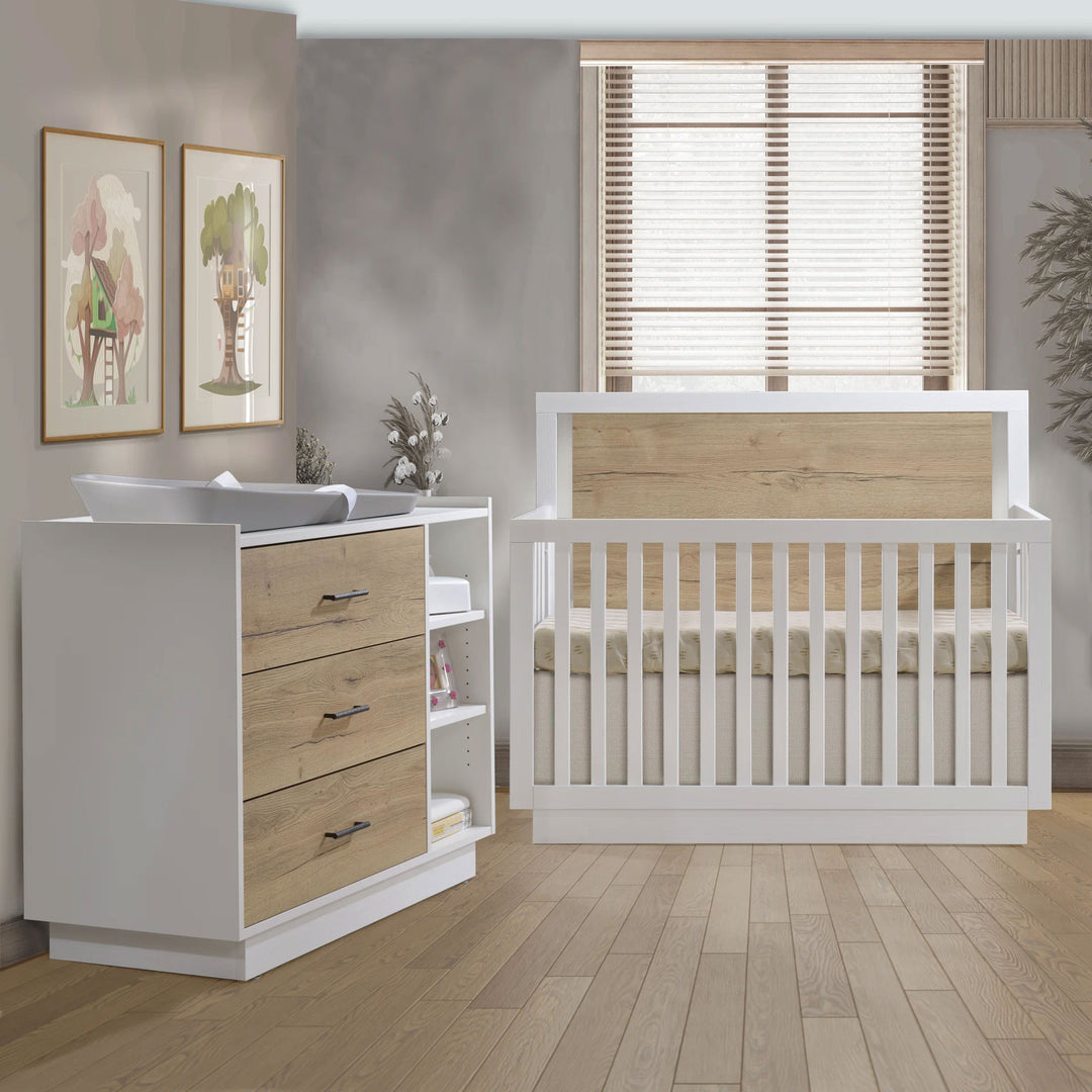 Tulip - Tito Convertible Crib and 3 Drawer Dresser XL (sold as a set only) - Pearl White / Natural Barn Oak Tulip - Nursery Furniture Sets - TU4503.40 - TU4530.40 Tiny Toes in Dreamland