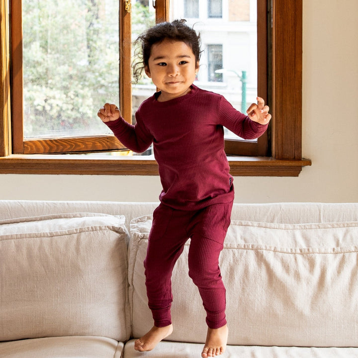 Burgundy Ribbed Bamboo 2 - Piece Long Sleeve Jogger Set Lulush The Label Kids Clothing - Baby & Toddler Sleepwear - JS-RB-BUR-12 Tiny Toes in Dreamland