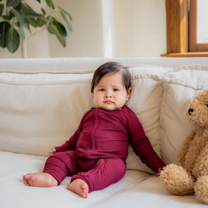 Burgundy Ribbed Bamboo Convertible Zippered Romper Lulush The Label Kids Clothing - Baby & Toddler Sleepwear - CZS-RB-BUR-0 Tiny Toes in Dreamland