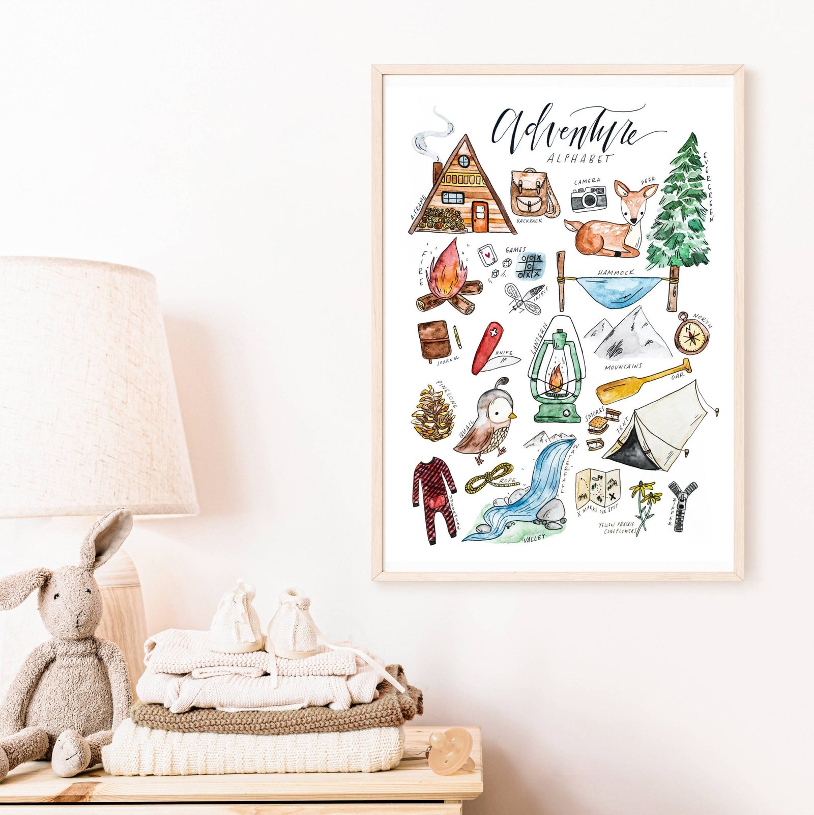 Clara Cecilia Design - Adventure Alphabet Print  - Baby & Kids Paper Prints - CCD - AdvenAlp_11x14 - next to table