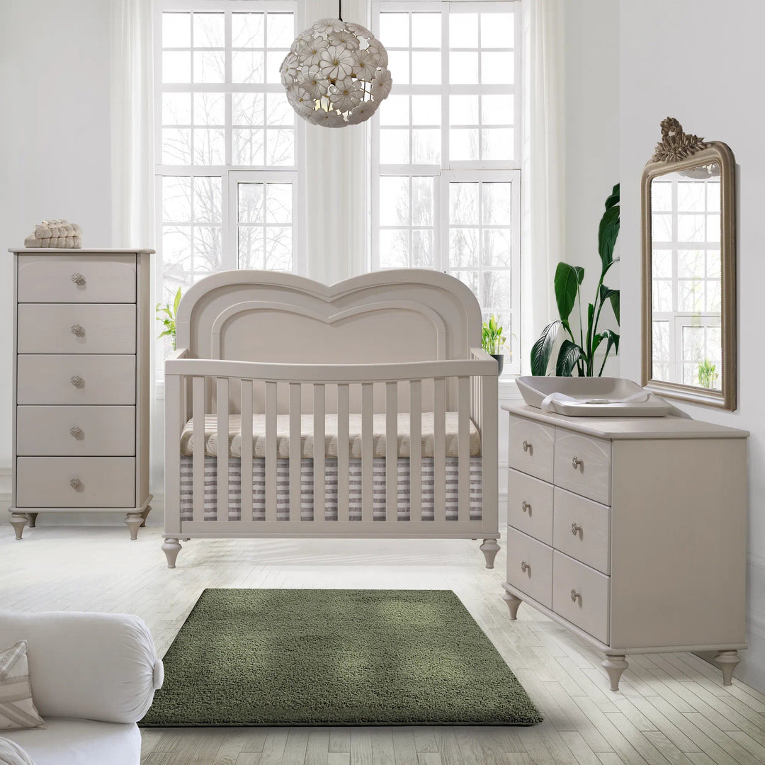 Greta ‘’4 - in - 1’’ Convertible crib with heart shaped decorative molding - Dove Natart Juvenile - Convertible Crib - 16003.34 Tiny Toes in Dreamland