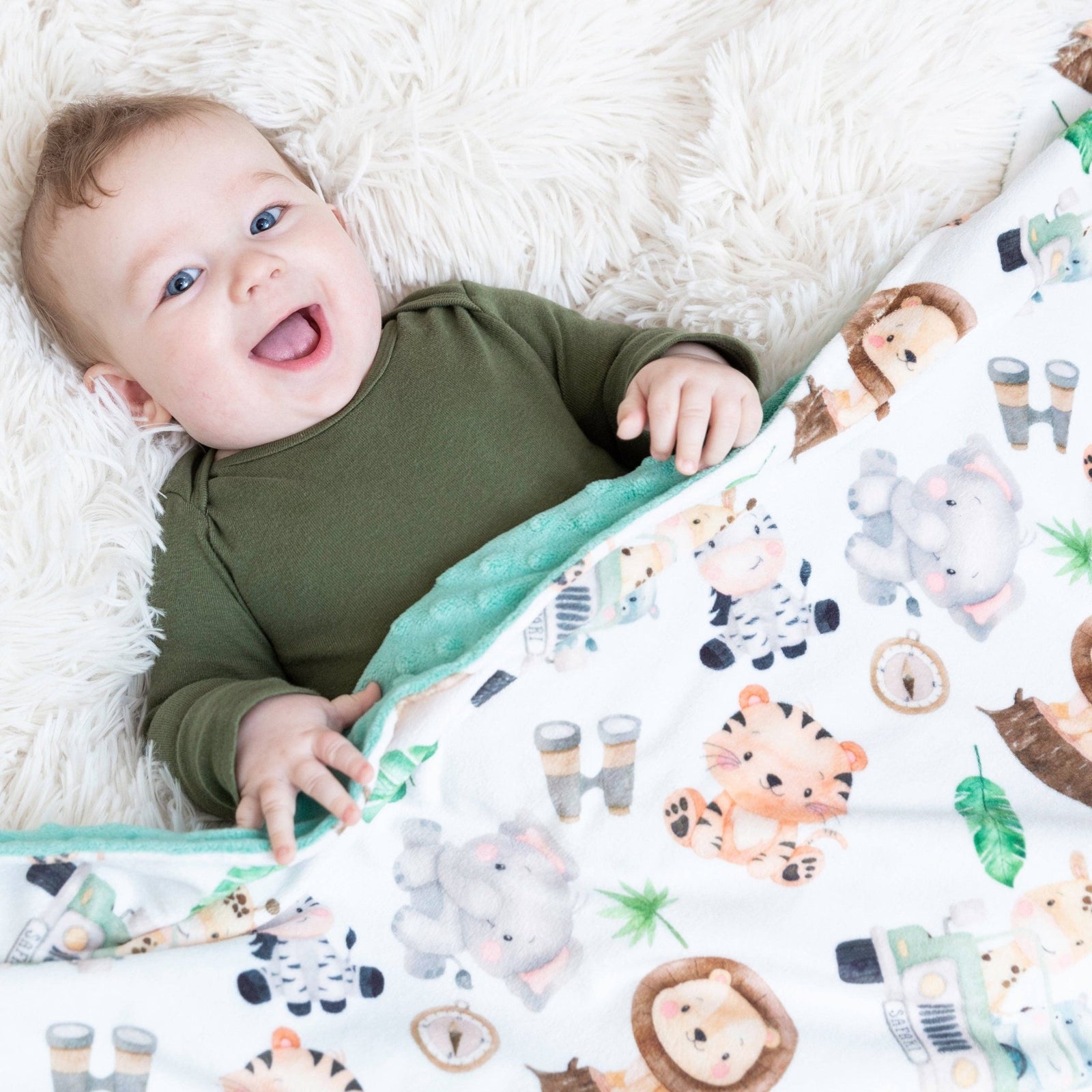 Honey Lemonade - Premium Baby & Toddler Minky Blanket - Safari - smiling baby under a blanket