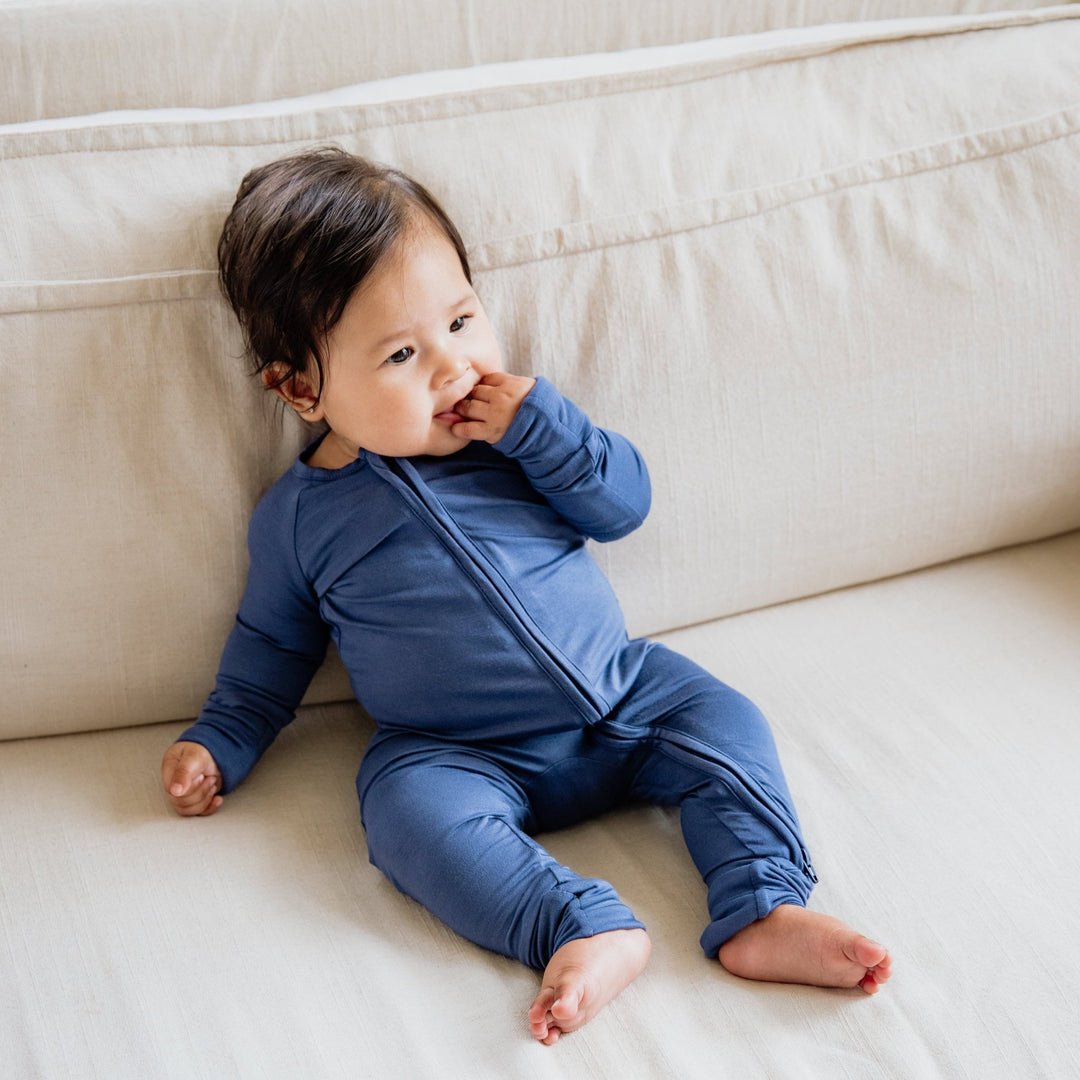 Muted Navy Bamboo Convertible Zippered Romper Lulush The Label Kids Clothing - Baby & Toddler Sleepwear - CZS-BLU-0 Tiny Toes in Dreamland