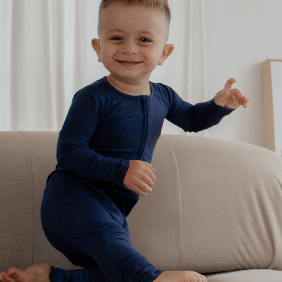 Muted Navy Bamboo Convertible Zippered Romper Lulush The Label Kids Clothing - Baby & Toddler Sleepwear - CZS-BLU-0 Tiny Toes in Dreamland