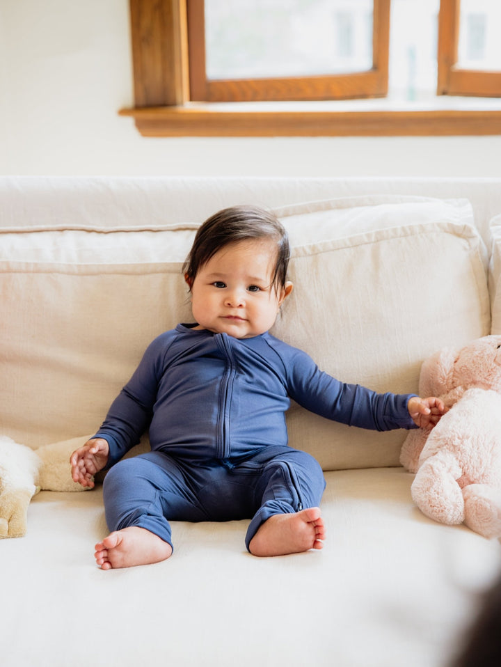 Muted Navy Bamboo Convertible Zippered Romper Lulush The Label Kids Clothing - Baby & Toddler Sleepwear - CZS-BLU-0 Tiny Toes in Dreamland