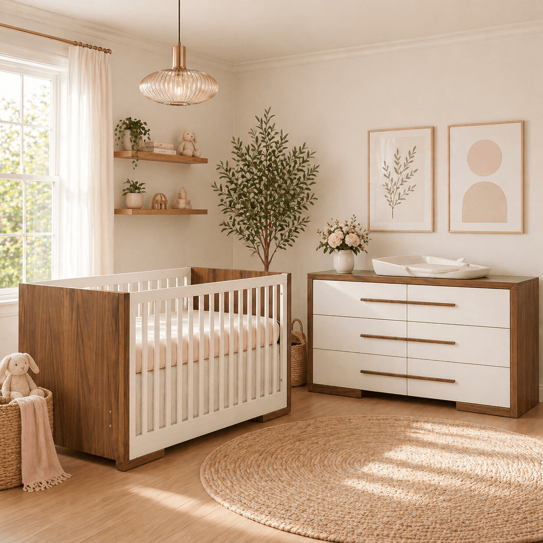 Natart - Aria - Classic Crib and dresser - Walnut and Linen SET Natart Juvenile - Nursery Furniture Sets - 18003.77-18036.77-SET Tiny Toes in Dreamland