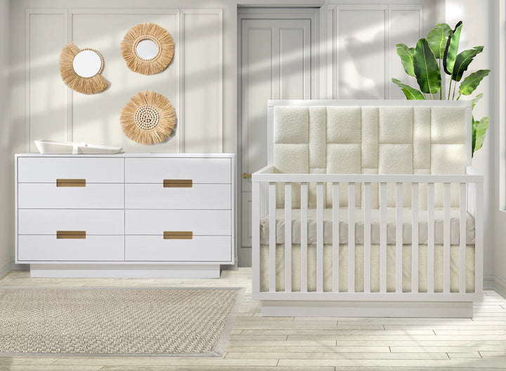 Natart - Como 4 - in - 1 Convertible Crib with Geometric Upholstered Headboard panel - White Natart Juvenile - Convertible Crib - 14005P82.70 Tiny Toes in Dreamland