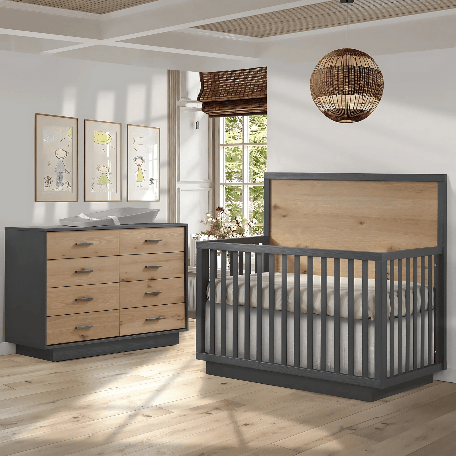 Natart - Como Naturale – Convertible Crib Graphite/Rustic Oak + 52" Dresser SET Natart Juvenile - Nursery Furniture Sets - 14003.59 - 14036.59 Tiny Toes in Dreamland