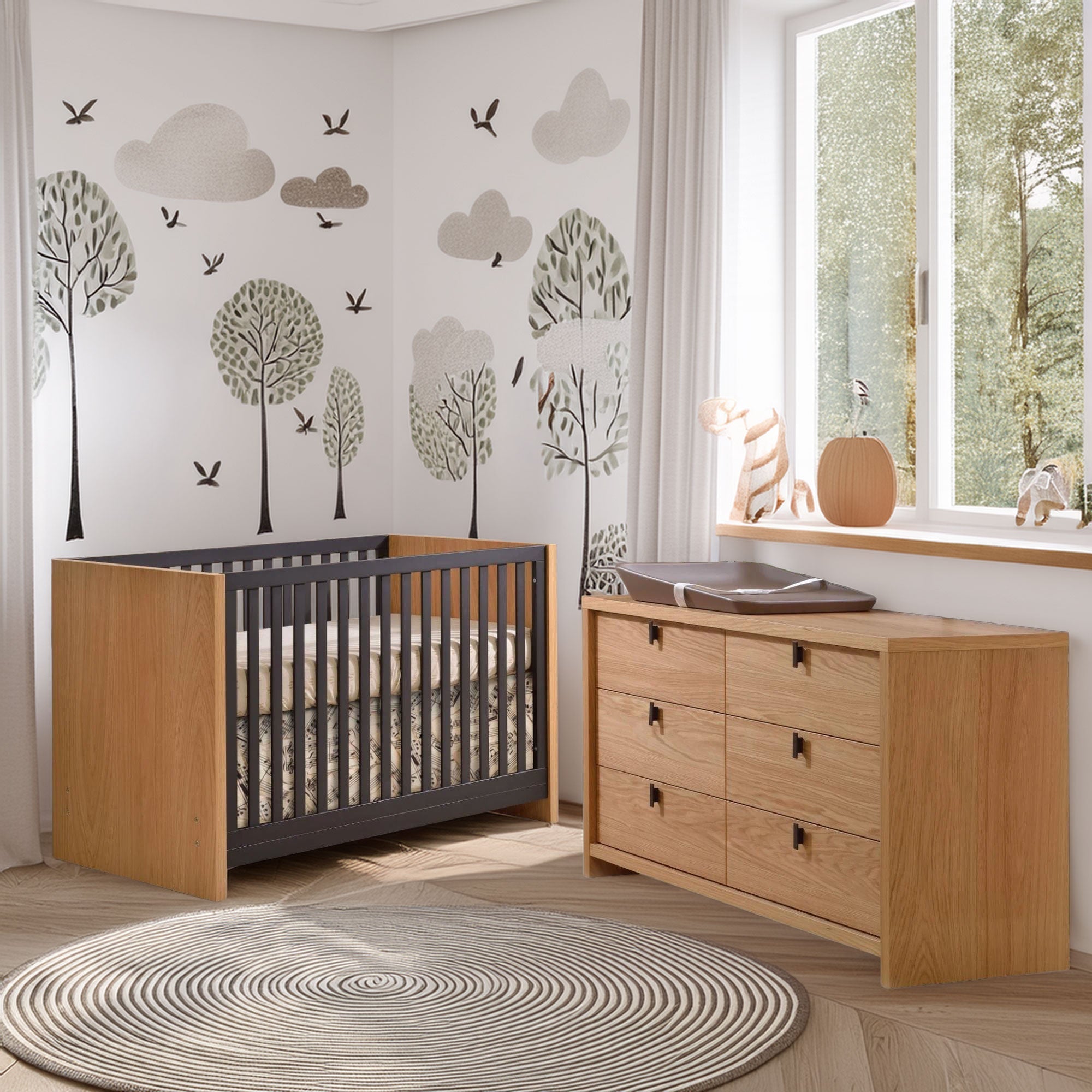 Natart - Linea - Oak and Black - Standard Crib Natart Juvenile - Convertible Crib - 19003.62 Tiny Toes in Dreamland