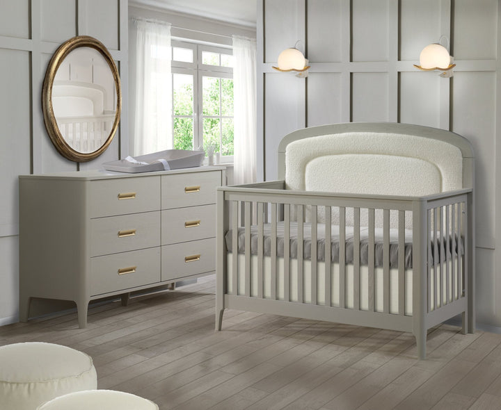 Natart - Palo “5 - in - 1” Convertible Crib with Bouclé Beige Upholstered headboard panel - Dove Natart Juvenile - Convertible Crib - 13005P82 - 34 Tiny Toes in Dreamland