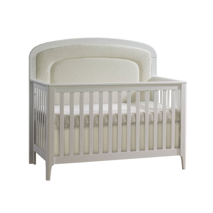 Natart - Palo “5 - in - 1” Convertible Crib with Bouclé Beige Upholstered headboard panel - White Palo Natart Juvenile - Convertible Crib - 13005P82 - 70 Tiny Toes in Dreamland