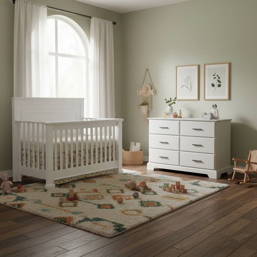 Natart - Taylor Set - White “5 - in - 1” Convertible Crib and 61" King Dresser Set Natart Juvenile - Nursery Furniture Sets - 65005P97 - 70 - 65046 - 70 Tiny Toes in Dreamland
