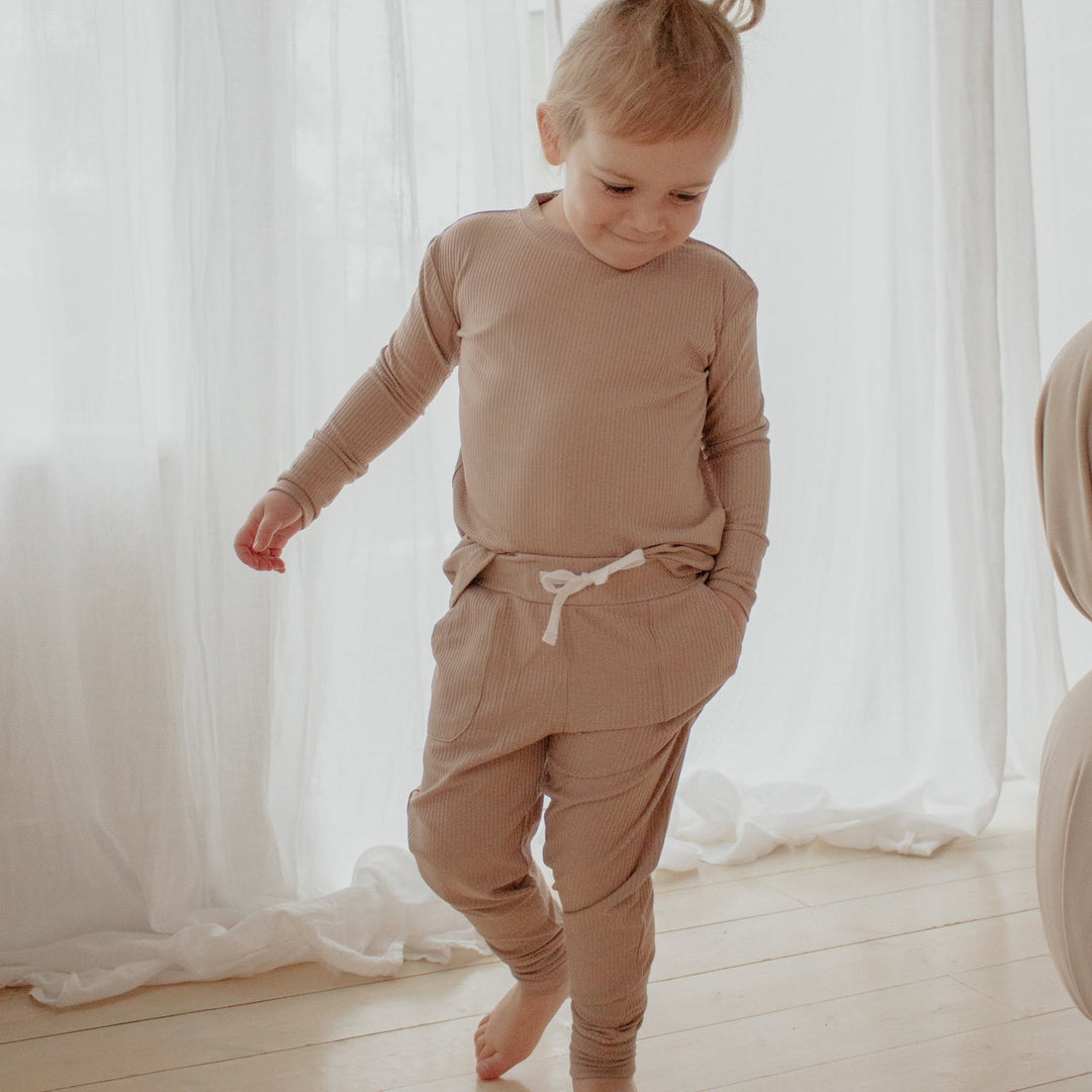 Sandy Taupe Ribbed Bamboo 2 - Piece Long Sleeve Jogger Set Lulush The Label Kids Clothing - Baby & Toddler Sleepwear - JS-RB-TPE-12 Tiny Toes in Dreamland