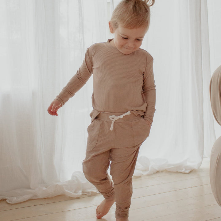 Sandy Taupe Ribbed Bamboo 2 - Piece Long Sleeve Jogger Set Lulush The Label Kids Clothing - Baby & Toddler Sleepwear - JS-RB-TPE-12 Tiny Toes in Dreamland