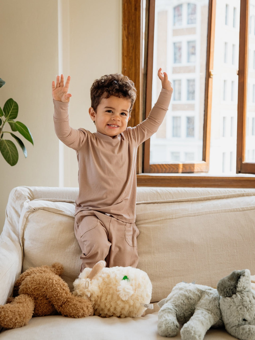 Sandy Taupe Ribbed Bamboo 2 - Piece Long Sleeve Jogger Set Lulush The Label Kids Clothing - Baby & Toddler Sleepwear - JS-RB-TPE-12 Tiny Toes in Dreamland