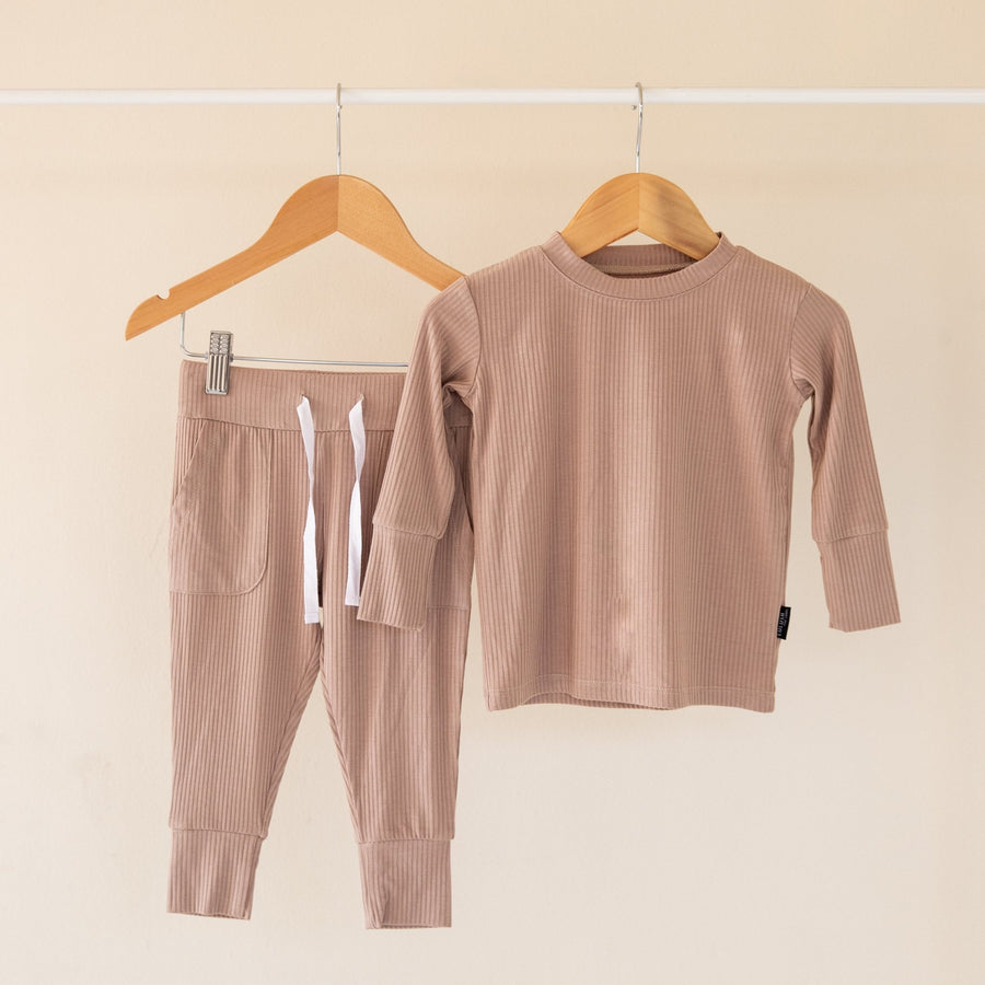 Sandy Taupe Ribbed Bamboo 2 - Piece Long Sleeve Jogger Set Lulush The Label Kids Clothing - Baby & Toddler Sleepwear - JS-RB-TPE-12 Tiny Toes in Dreamland