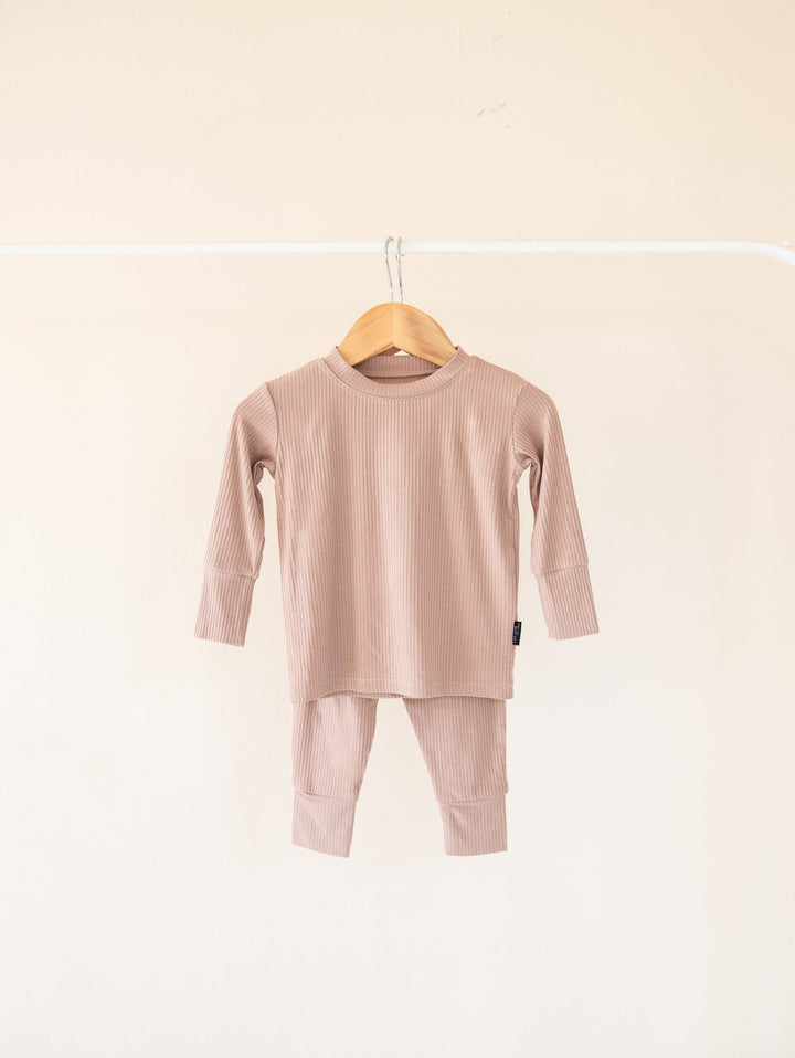 Sandy Taupe Ribbed Bamboo 2 - Piece Long Sleeve Jogger Set Lulush The Label Kids Clothing - Baby & Toddler Sleepwear - JS-RB-TPE-12 Tiny Toes in Dreamland