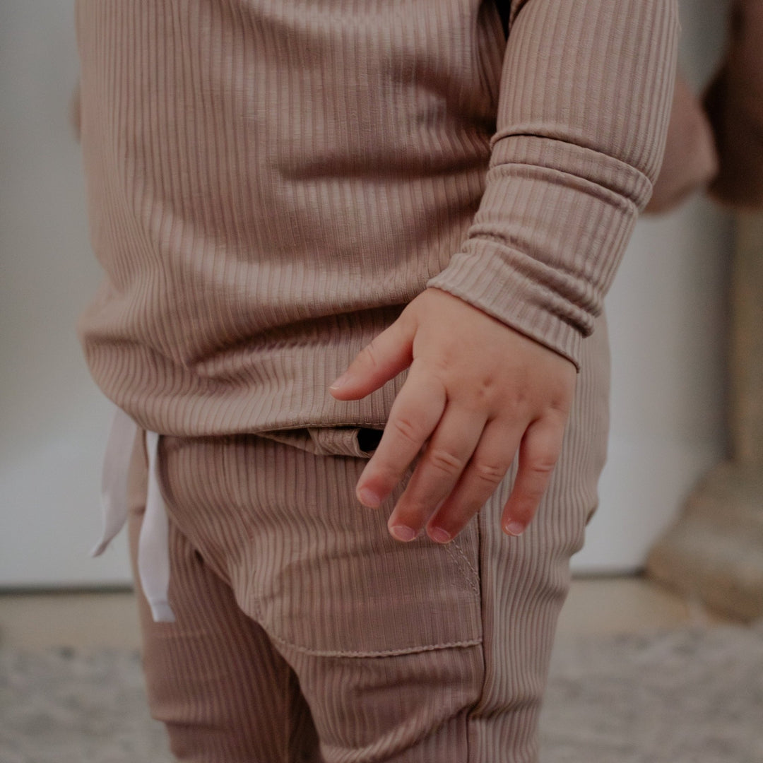 Sandy Taupe Ribbed Bamboo 2 - Piece Long Sleeve Jogger Set Lulush The Label Kids Clothing - Baby & Toddler Sleepwear - JS-RB-TPE-12 Tiny Toes in Dreamland