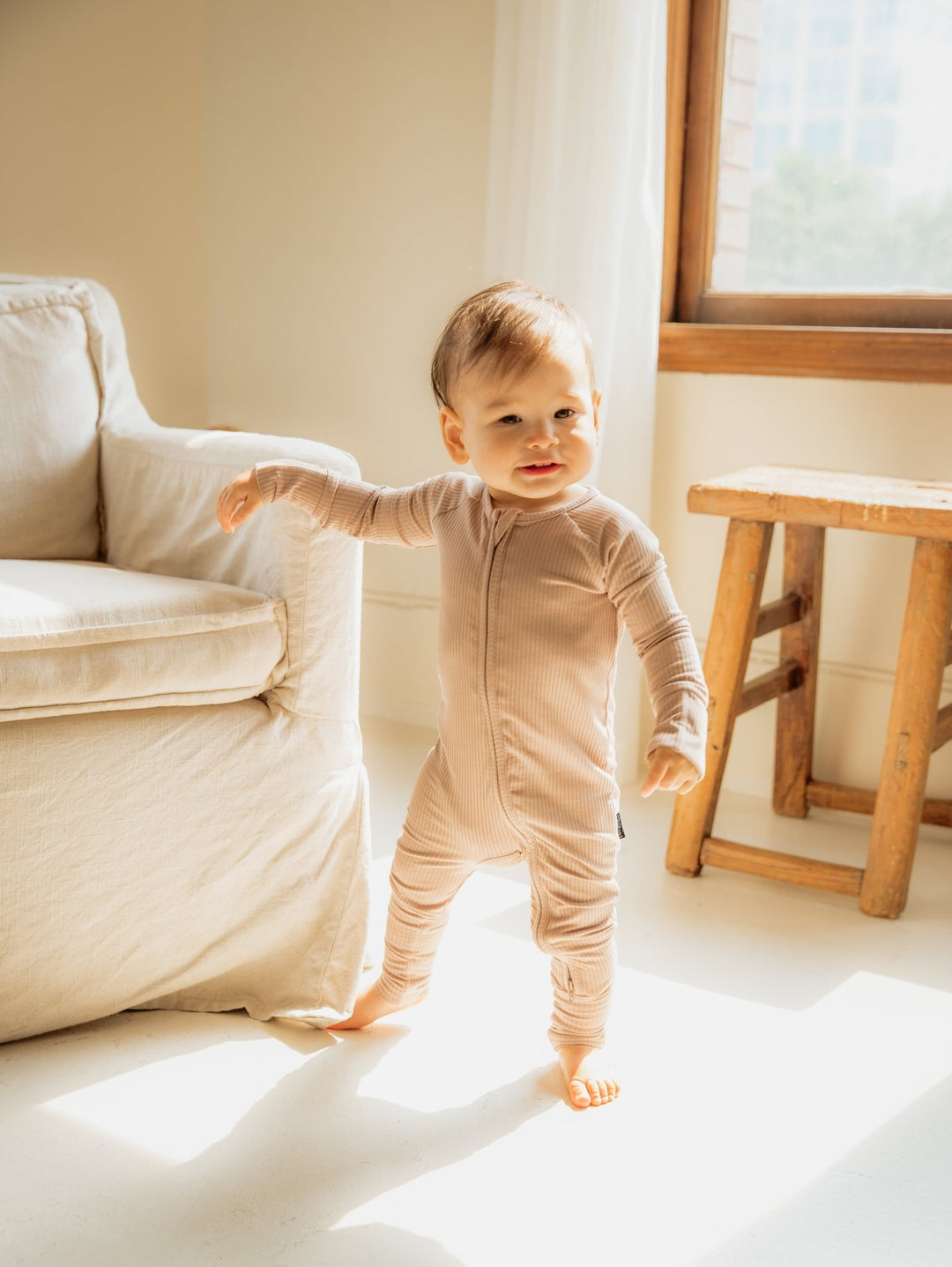 Sandy Taupe Ribbed Bamboo Convertible Zippered Romper Lulush The Label Kids Clothing - Baby & Toddler Sleepwear - CZS-RB-TPE-0 Tiny Toes in Dreamland