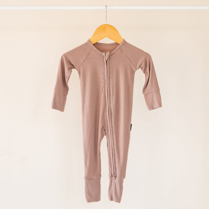 Sandy Taupe Ribbed Bamboo Convertible Zippered Romper Lulush The Label Kids Clothing - Baby & Toddler Sleepwear - CZS-RB-TPE-0 Tiny Toes in Dreamland