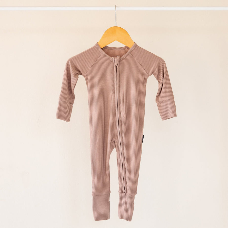 Sandy Taupe Ribbed Bamboo Convertible Zippered Romper Lulush The Label Kids Clothing - Baby & Toddler Sleepwear - CZS-RB-TPE-0 Tiny Toes in Dreamland