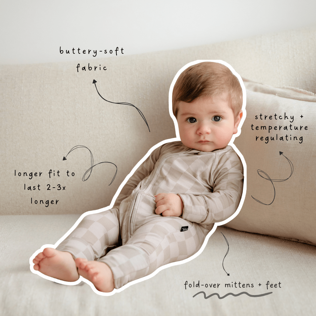 Taupe Checkerboard Bamboo Zippered Romper Lulush The Label Kids Clothing - Baby & Toddler Sleepwear - sku-51316699660585 Tiny Toes in Dreamland