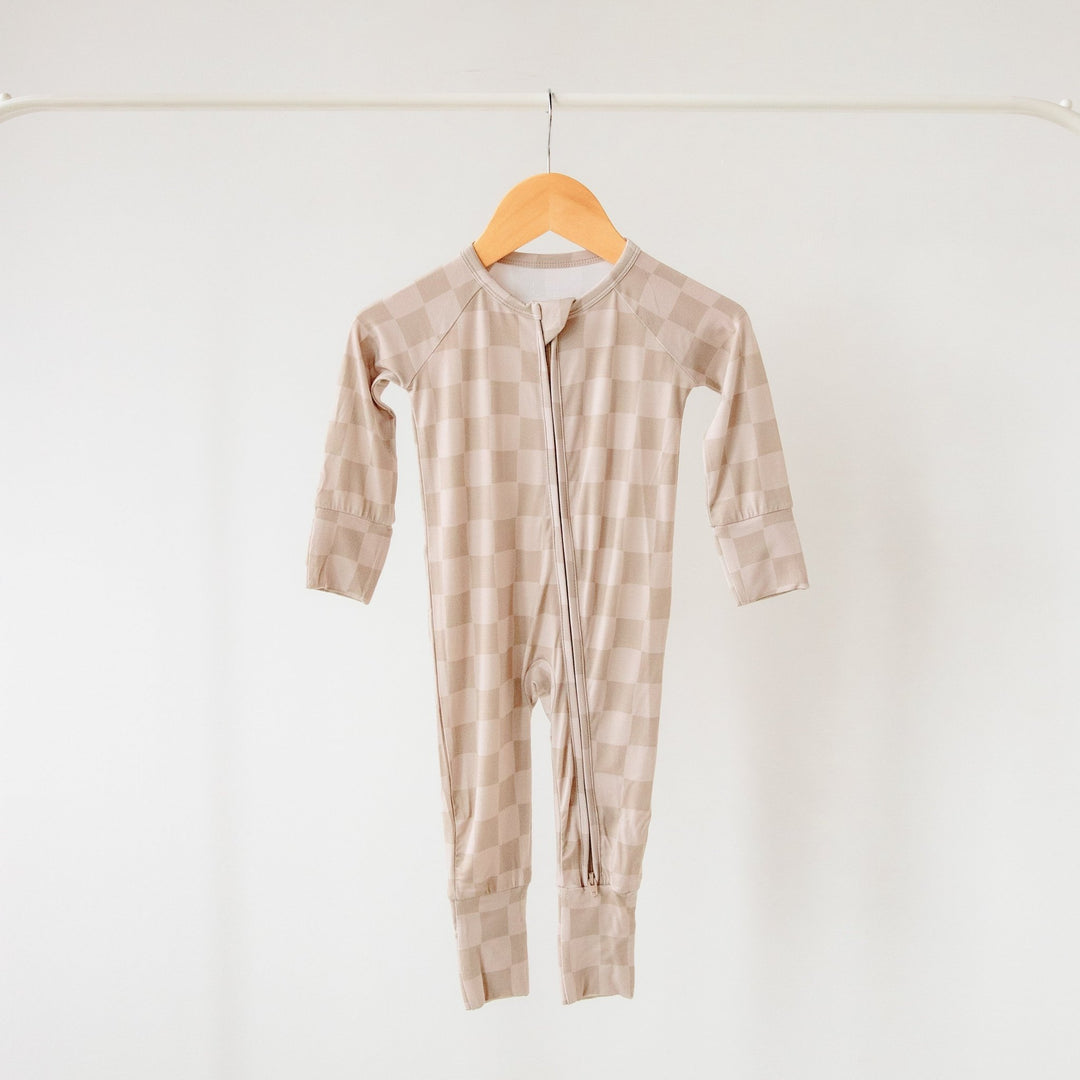 Taupe Checkerboard Bamboo Zippered Romper Lulush The Label Kids Clothing - Baby & Toddler Sleepwear - sku-51316699660585 Tiny Toes in Dreamland