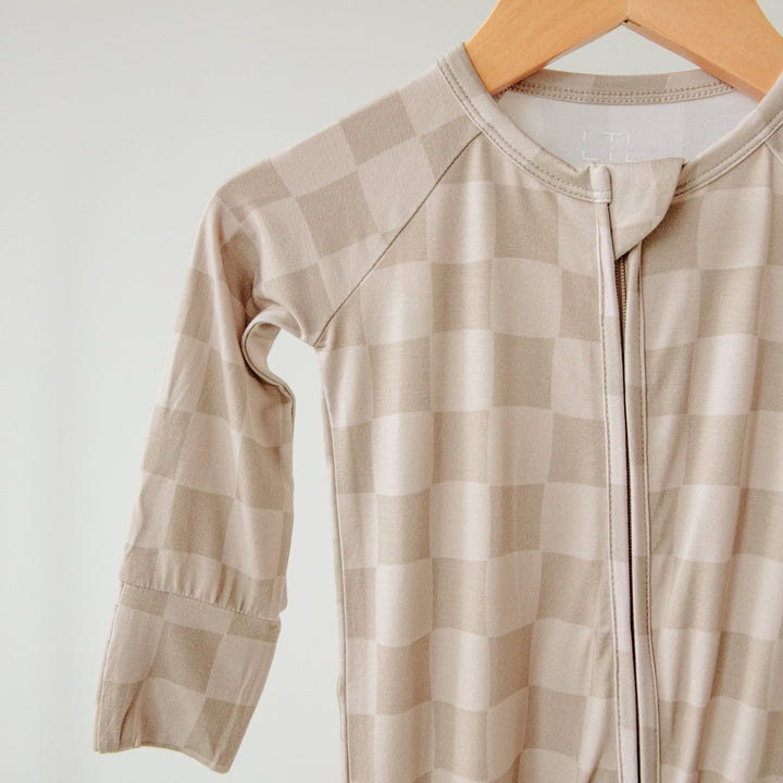 Taupe Checkerboard Bamboo Zippered Romper Lulush The Label Kids Clothing - Baby & Toddler Sleepwear - sku-51316699660585 Tiny Toes in Dreamland